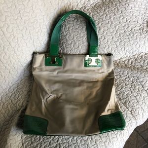 Used Tory Burch Nico Tote in Emerald Green/Beige
